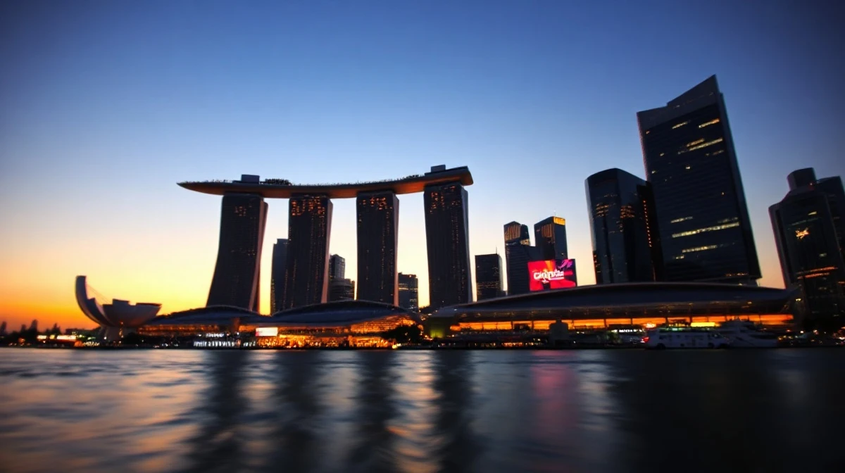 Singapore skyline at dusk with Marina Bay Sands and financial district