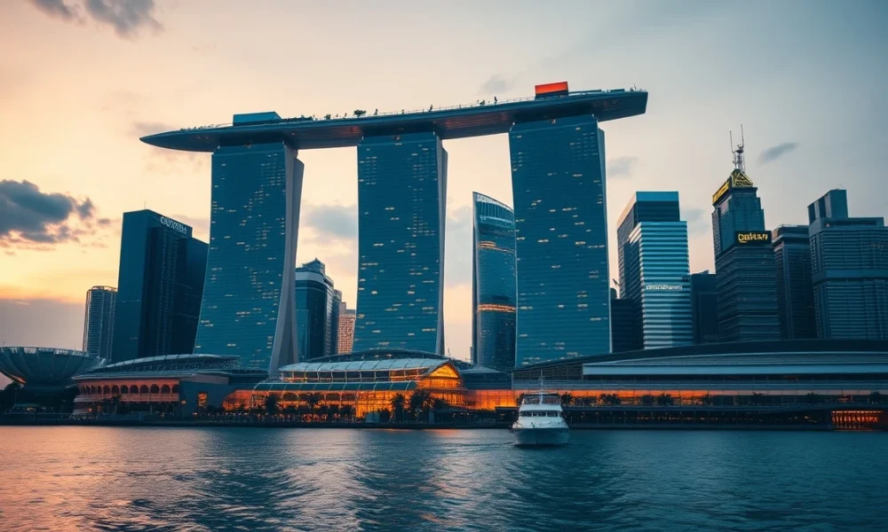 Singapore skyline at dusk with Marina Bay Sands and financial district buildings reflected in calm water