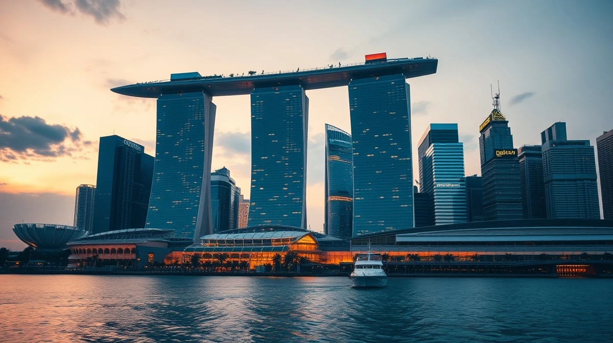 Singapore skyline at dusk with Marina Bay Sands and financial district buildings reflected in calm water