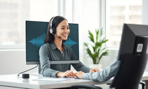 Customer support agent using AI voice technology with waveform display