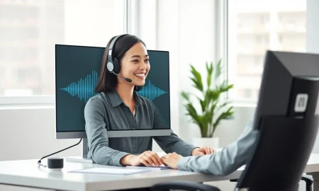 Customer support agent using AI voice technology with waveform display