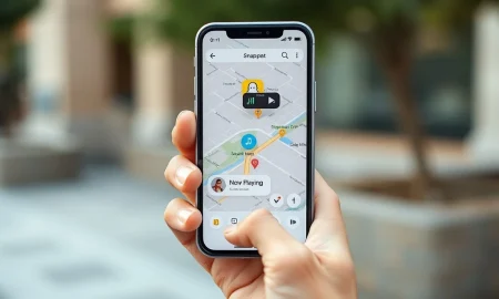Smartphone showing Snapchat Snap Map with a Now Playing music feature icon