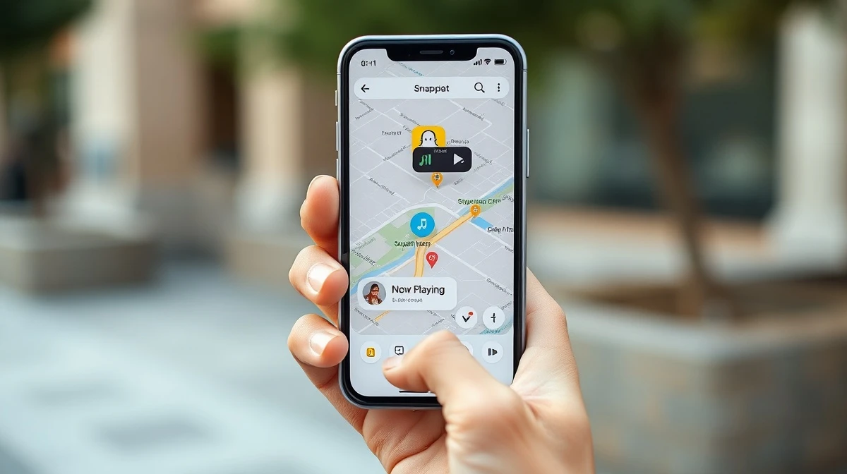 Smartphone showing Snapchat Snap Map with a Now Playing music feature icon