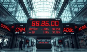 Stock market board showing red declines for major software companies