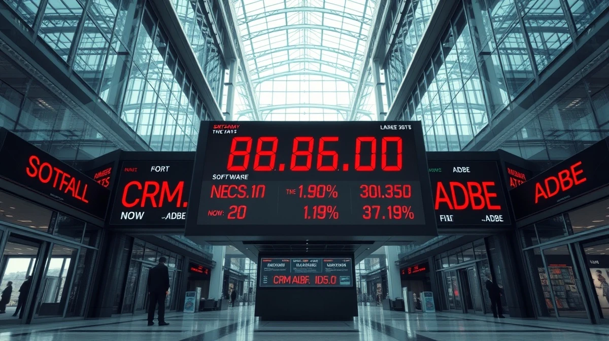 Stock market board showing red declines for major software companies