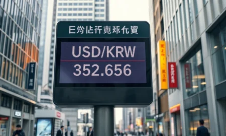 Digital currency exchange board showing USD/KRW rate in Seoul financial district