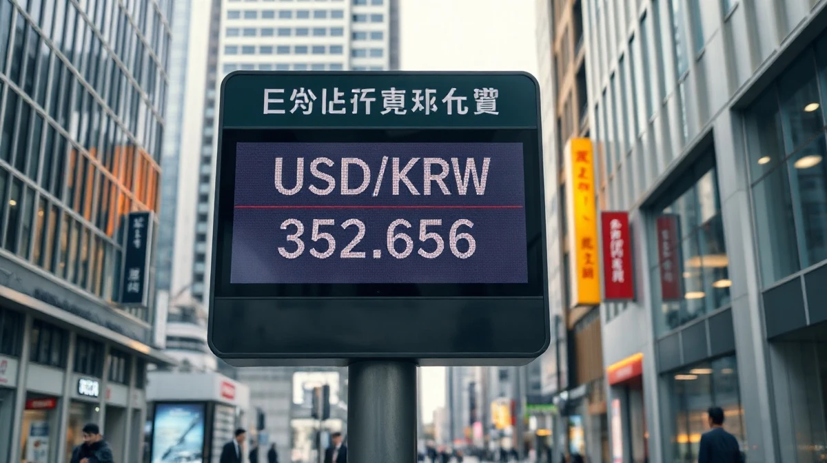Digital currency exchange board showing USD/KRW rate in Seoul financial district