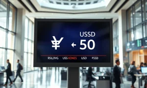 Digital currency exchange board showing South Korean won (KRW) and US dollar (USD) rates in a Seoul financial district trading floor.