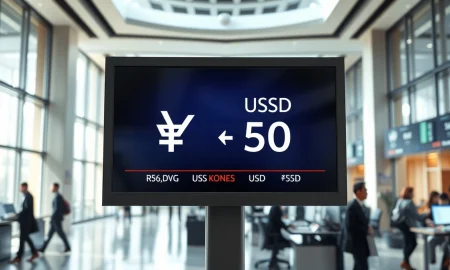 Digital currency exchange board showing South Korean won (KRW) and US dollar (USD) rates in a Seoul financial district trading floor.