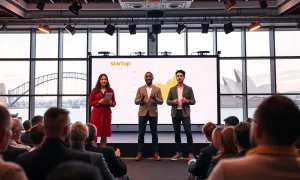 Entrepreneurs pitching on stage at a startup competition in Sydney with Harbour Bridge visible