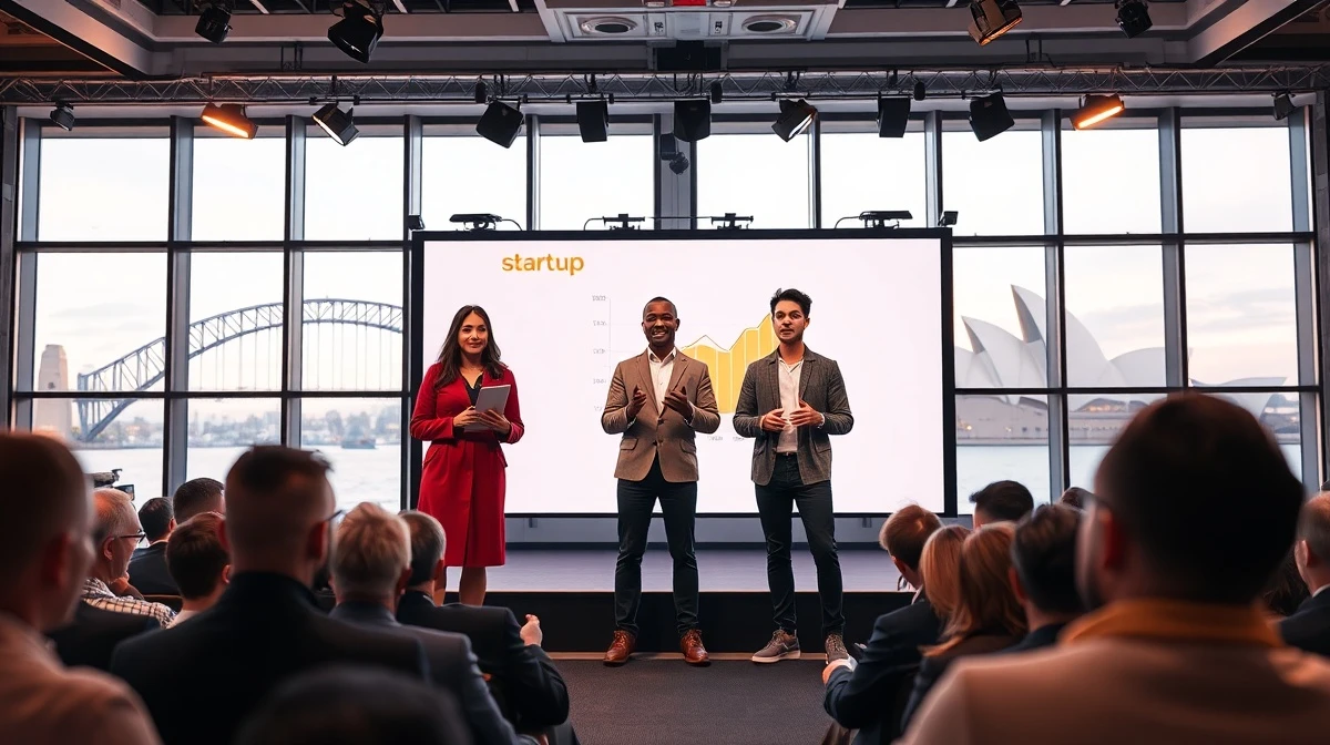 Entrepreneurs pitching on stage at a startup competition in Sydney with Harbour Bridge visible