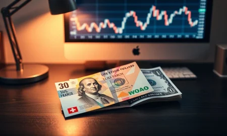 Swiss Franc and US Dollar banknotes on a desk with a financial chart in the background.