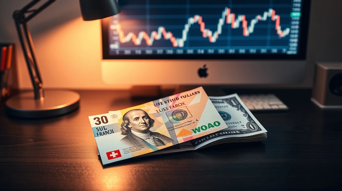 Swiss Franc and US Dollar banknotes on a desk with a financial chart in the background.