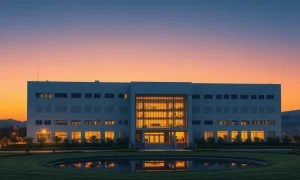 Exterior view of a semiconductor facility in Taiwan at dusk, representing the AI chip supply chain.