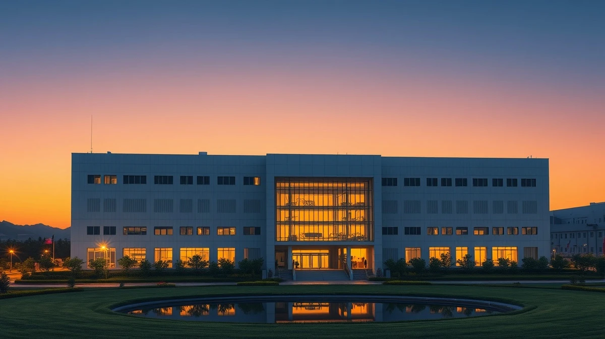 Exterior view of a semiconductor facility in Taiwan at dusk, representing the AI chip supply chain.