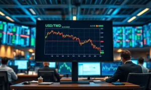 A digital screen showing a USD/TWD currency chart on a Taipei trading floor, with the Taiwan dollar index displayed.
