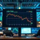 A digital screen showing a USD/TWD currency chart on a Taipei trading floor, with the Taiwan dollar index displayed.
