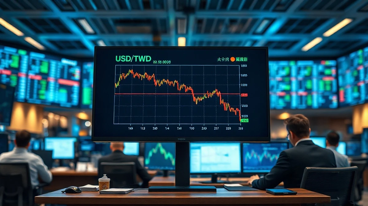 A digital screen showing a USD/TWD currency chart on a Taipei trading floor, with the Taiwan dollar index displayed.