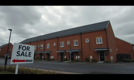 Newly built UK homes with a For Sale sign under overcast sky