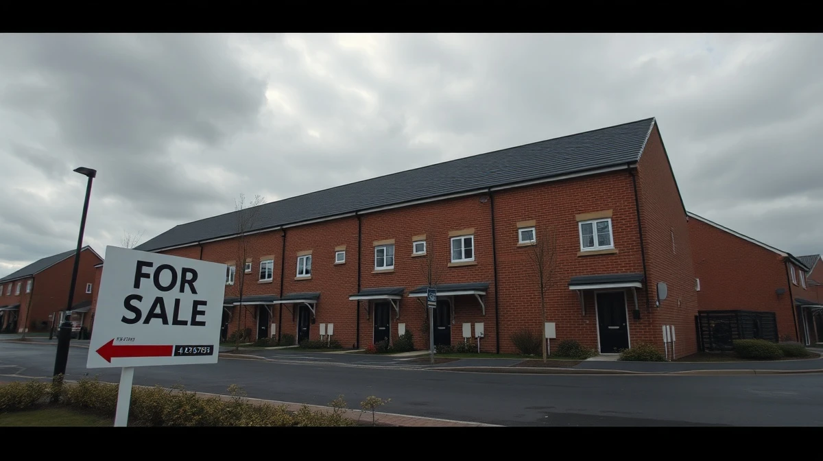 Newly built UK homes with a For Sale sign under overcast sky