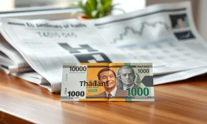 Thai Baht banknote on desk with financial newspaper and charts in background