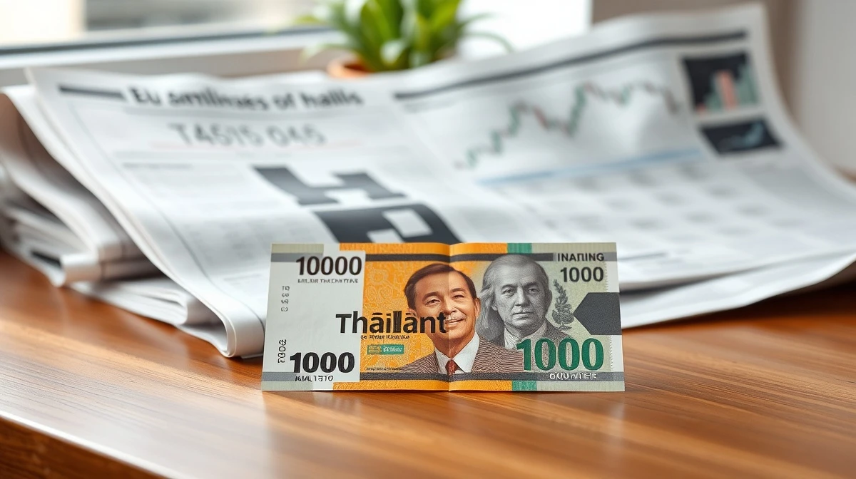 Thai Baht banknote on desk with financial newspaper and charts in background