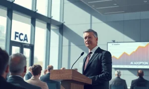 FCA official speaking at a podium in a London conference room about AI regulation in financial services.
