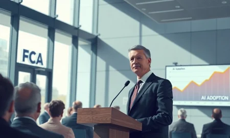FCA official speaking at a podium in a London conference room about AI regulation in financial services.