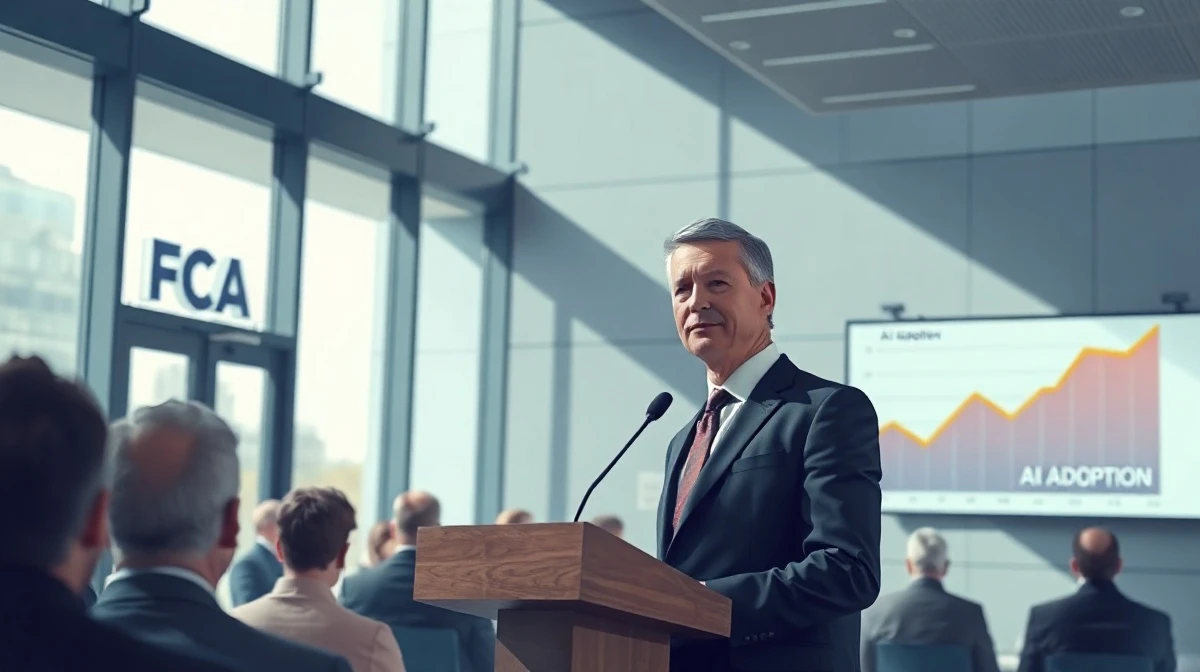 FCA official speaking at a podium in a London conference room about AI regulation in financial services.