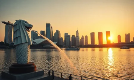 Singapore skyline at sunset with Marina Bay and CBD skyscrapers