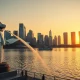 Singapore skyline at sunset with Marina Bay and CBD skyscrapers