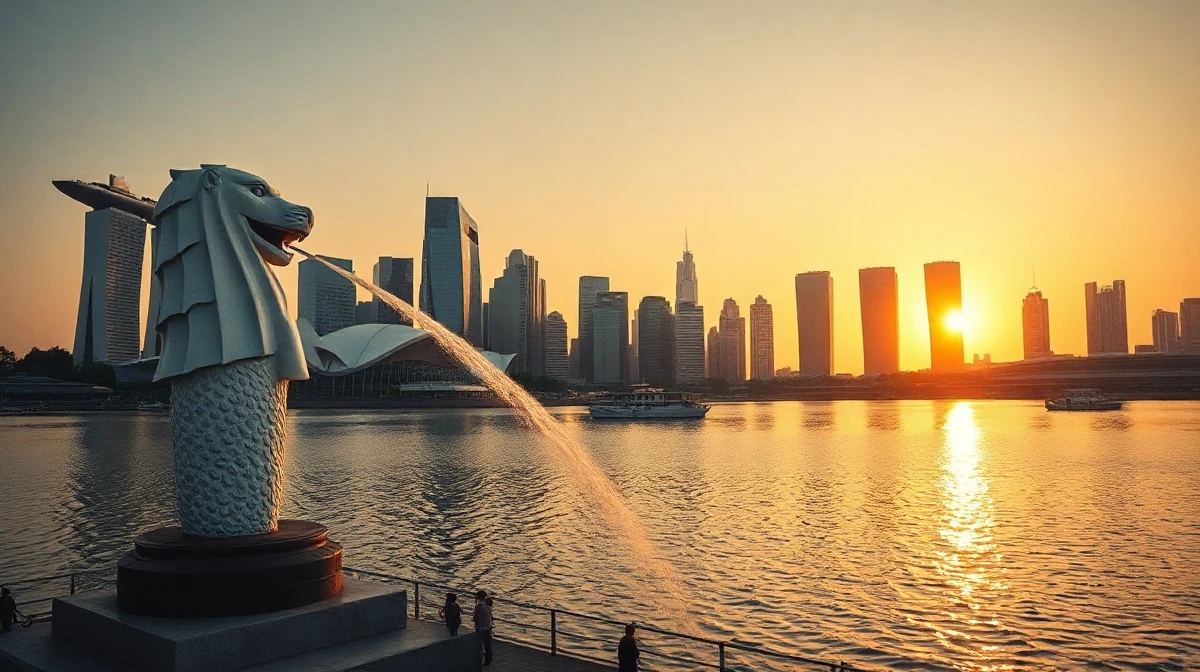 Singapore skyline at sunset with Marina Bay and CBD skyscrapers