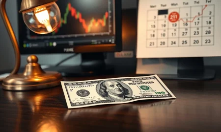 US dollar banknote on desk with DXY chart on monitor and calendar marking Fed minutes date