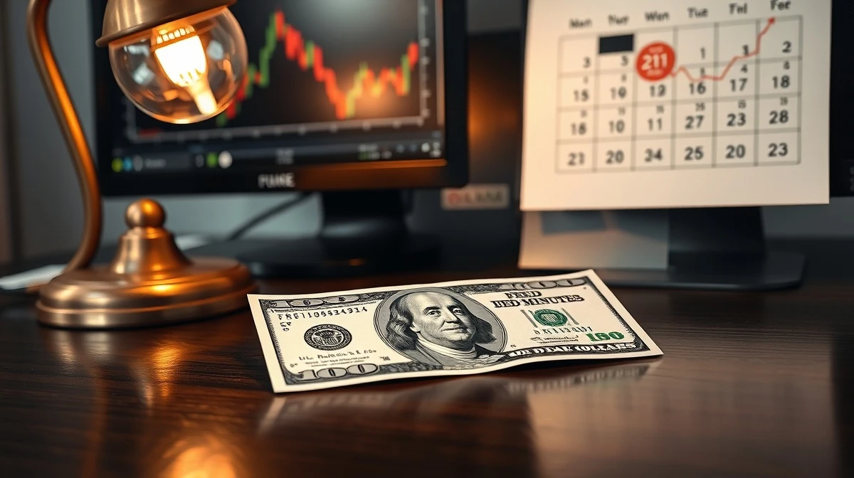 US dollar banknote on desk with DXY chart on monitor and calendar marking Fed minutes date