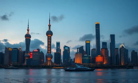 Shanghai Lujiazui financial district skyline at dusk with river view