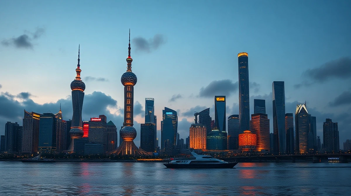 Shanghai Lujiazui financial district skyline at dusk with river view