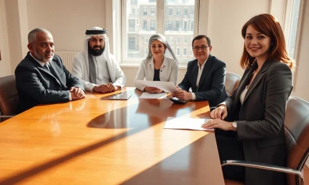 A wealthy Middle Eastern family meeting with a lawyer in a London law office to discuss a sharia-lite will.