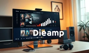Modern desktop monitor displaying a Winamp-inspired music player interface with streaming and local music integration.