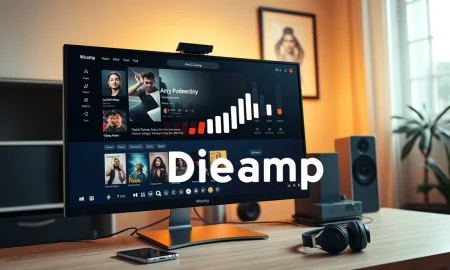 Modern desktop monitor displaying a Winamp-inspired music player interface with streaming and local music integration.