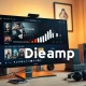 Modern desktop monitor displaying a Winamp-inspired music player interface with streaming and local music integration.