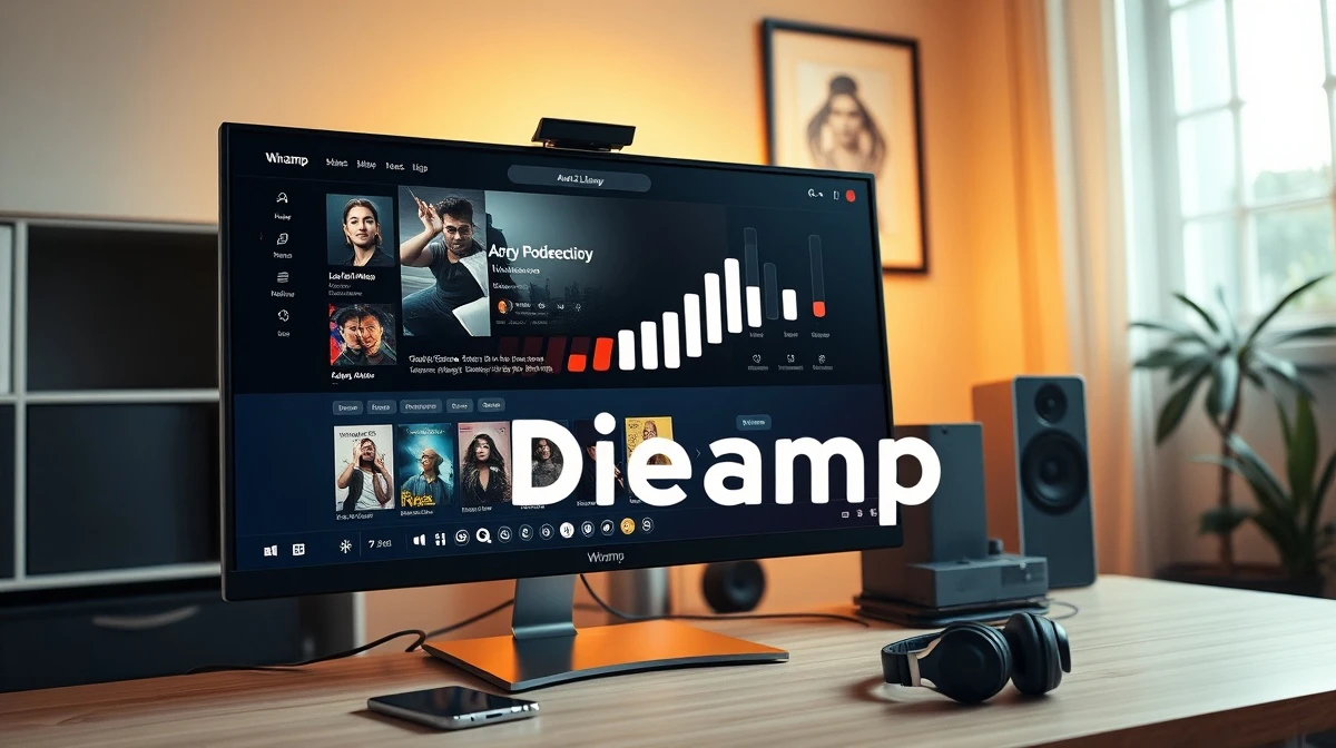 Modern desktop monitor displaying a Winamp-inspired music player interface with streaming and local music integration.