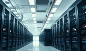 Interior view of a modern AI data center with high-density server racks and power conversion equipment.