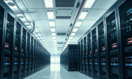 Interior view of a modern AI data center with high-density server racks and power conversion equipment.