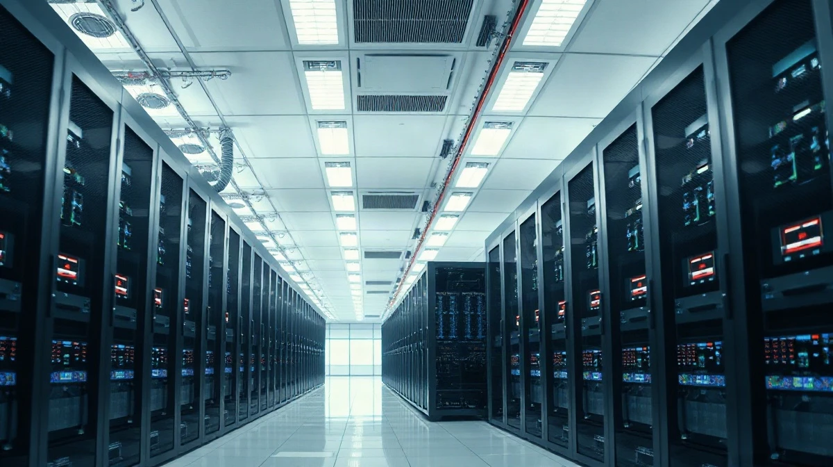 Interior view of a modern AI data center with high-density server racks and power conversion equipment.