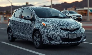 A 2009 Toyota Yaris covered in a geometric adversarial pattern designed to evade surveillance camera detection, displayed at Def Con 2026.