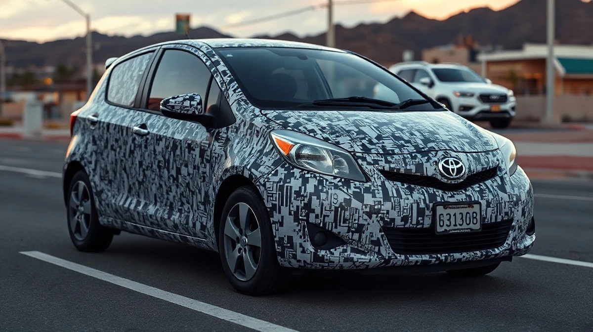 A 2009 Toyota Yaris covered in a geometric adversarial pattern designed to evade surveillance camera detection, displayed at Def Con 2026.