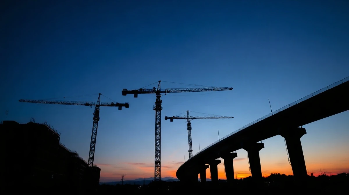 Construction cranes at an infrastructure project site at dusk, representing AECOM's project portfolio.
