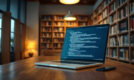 Laptop displaying code on a desk in a library with bookshelves in the background