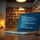Laptop displaying code on a desk in a library with bookshelves in the background