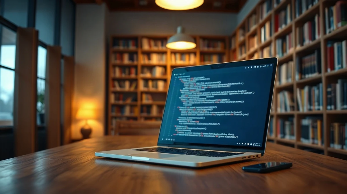 Laptop displaying code on a desk in a library with bookshelves in the background
